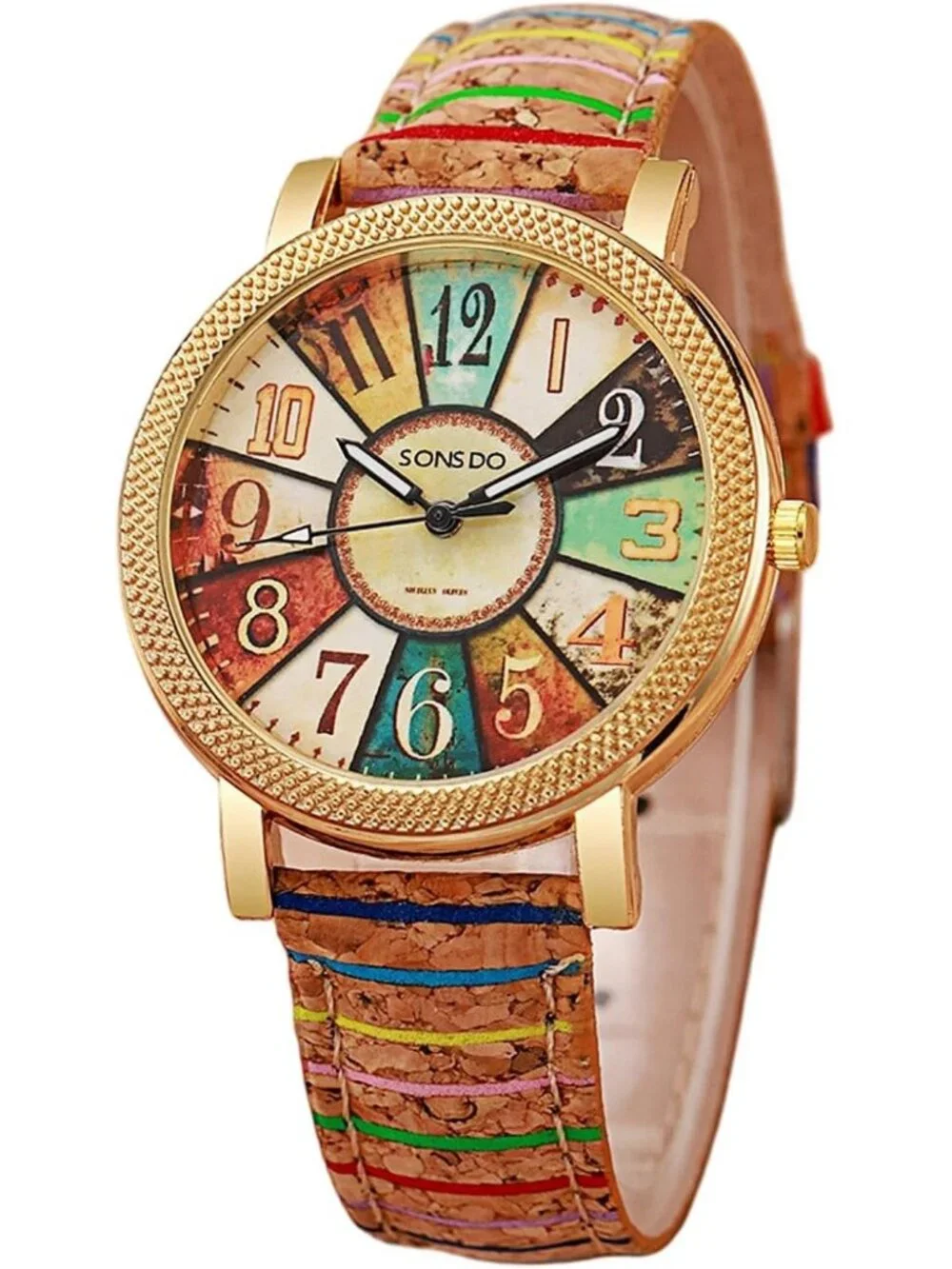 Women's Gold Creative Multicolor Woven Strap Fashion Rainbow Pattern Watches